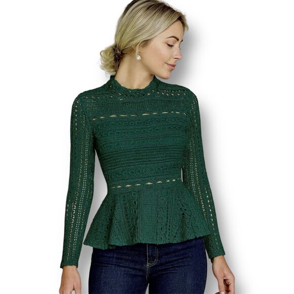 Anthropologie Endless Rose XS Green Crochet Lace Peplum Blouse Coquette Chic NW - Picture 2 of 8